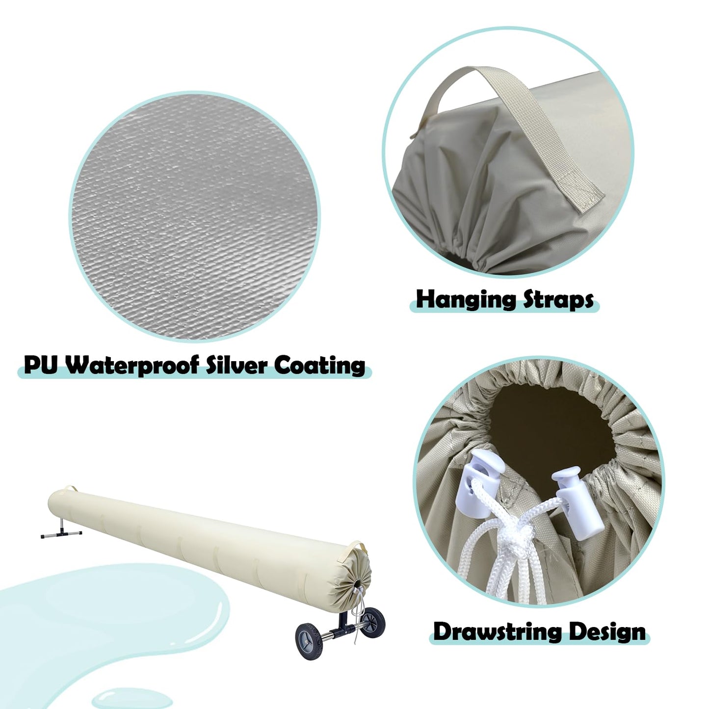 UCEDER Pool Solar Reel Cover with Adjustable Strap, Waterproof Cover for Solar Blanket, 420D Heavy Duty Swimming Solar Reel Storage for Above Ground & Inground Pool (Beige,18 FT)