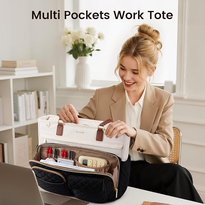 LOVEVOOK Tote Bag with Large Cup Holder, Work Tote Bags for Women, Large Capacity Teacher Tote with Multi Pockets, Nurse Diaper Bag with Padded Laptop Compartment, 15.6 Inch Light Green Beige