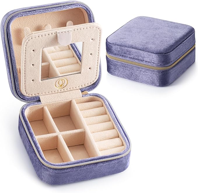 Plush Velvet Travel Jewelry Case, Mini Jewelry Box, Small Jewelry Organizer Portable Display Storage Case, for Girls Women (Periwinkle Blue-With Mirror)