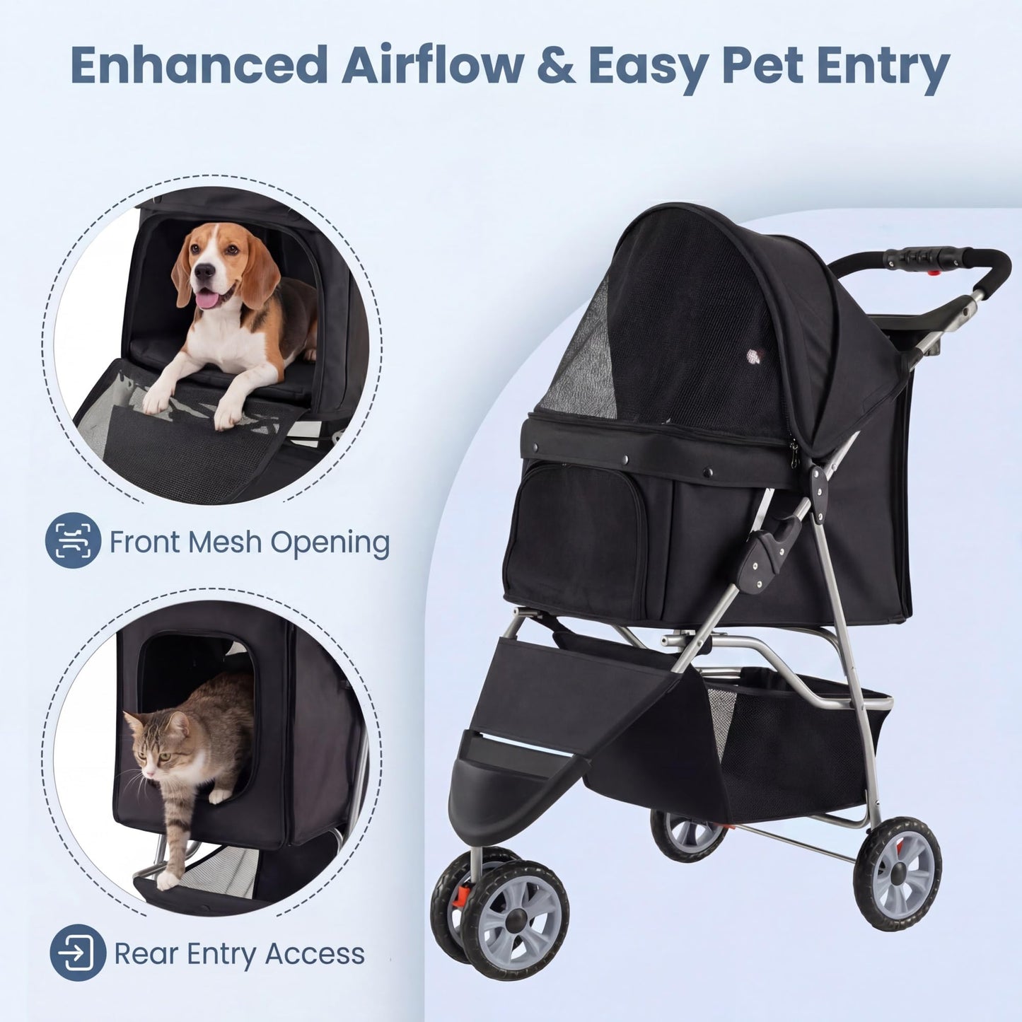 Giantex 3 Wheel Foldable Dog Stroller for Small Dogs Cats, Lightweight Pet Stroller with Lockable Wheels, One-Hand Quick Fold, Mesh Windows, Safety Leash & Storage Basket, Pet Travel Stroller (Black)