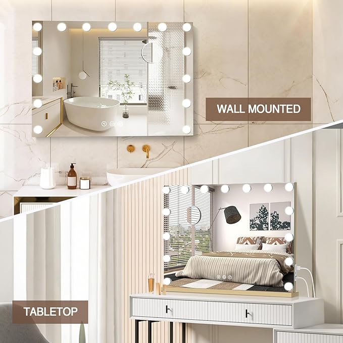 Vanity Makeup Mirror with Lights, 22.8" x 19" Large Light Up Mirror with Smart Touch 3 Colors Dimmable Gold