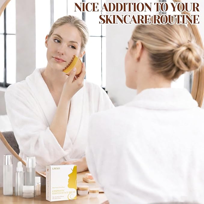 Lymphatic Contour Facial Brush with Natural Wooden Handle, Premium Lymphatic Drainage Massager for Facial Sculpting & Reduce Puffiness, Ergonomic Gua Sha Brush - Suitable for All Skin Types