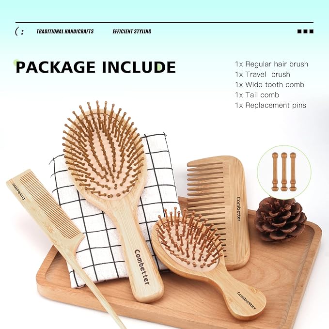 Combeter Bamboo Hair Brush and Comb Set (4PCS) Ã¢ÂÂ Natural & Eco-Friendly Detangler Comb for Women, Men & Kid, Reduces Frizz, Promotes Healthy Hair Growth Ã¢ÂÂ Wooden Paddle Brush with Scalp Massage