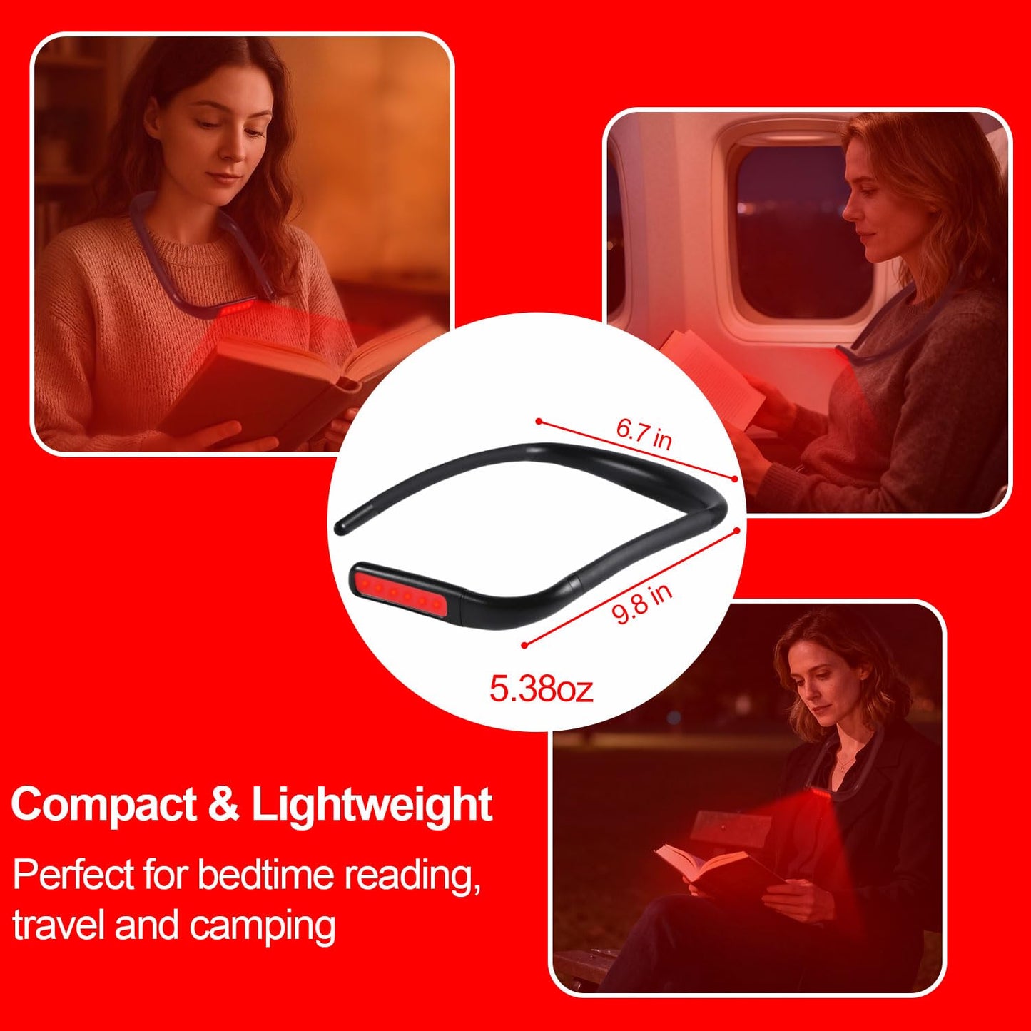 Finezeal 630nm Red Neck Reading Light - Zero Blue Light, Rechargeable Dimmable Portable LED Red Neck Book Lamp for Reading, Crafts, Knitting, Crochet at Night, Ideal Gift for Readers and Craft Lovers