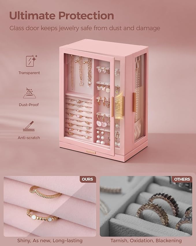 Glimmloop 360ÃÂ° Rotating Jewelry Box with 7 Drawers, Spacious Vertical Jewelry Organizer with Glass Window, Jewelry Storage Case, Dustproof & Moisture-resistant Design, Pink