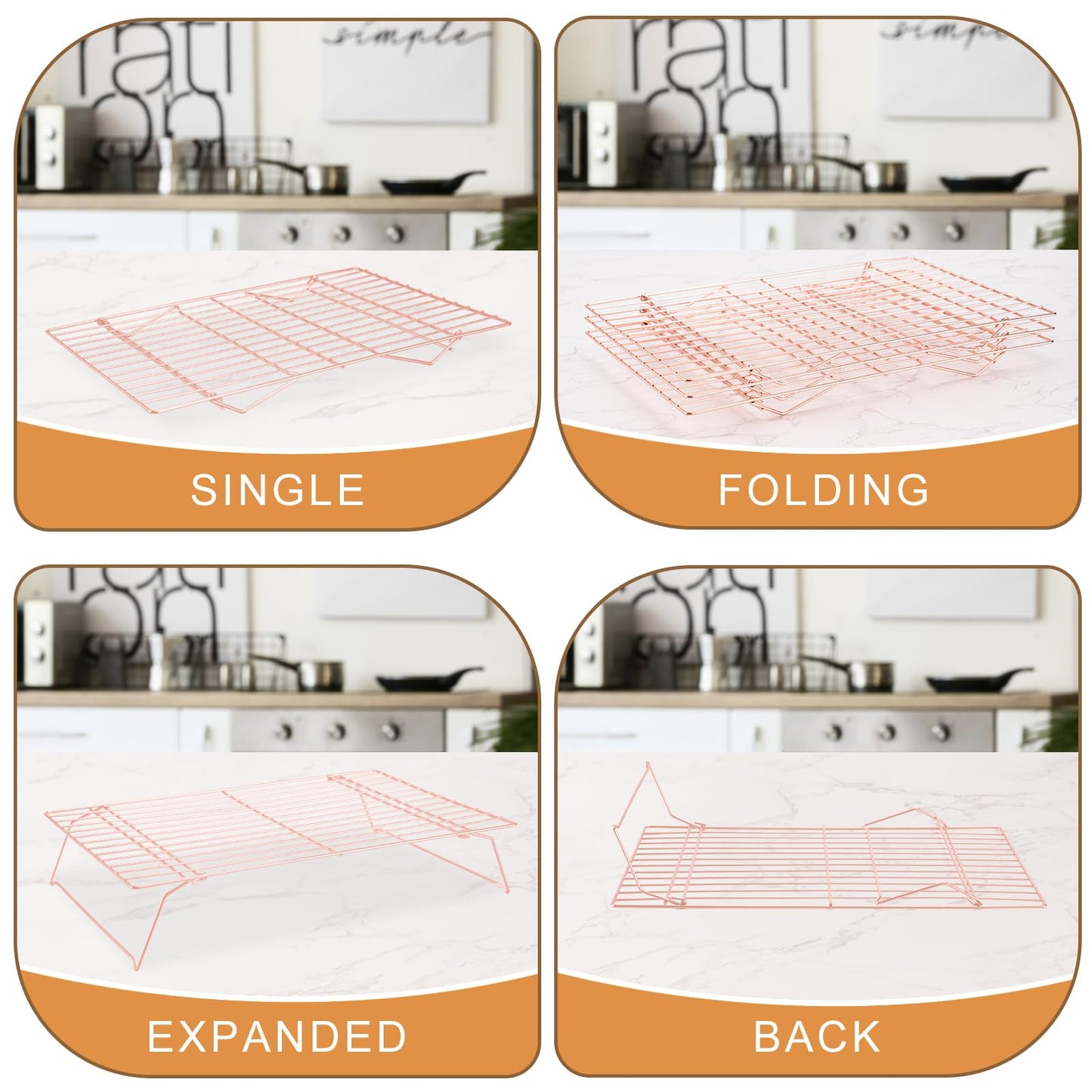 Cooling Rack for Baking 3 Tiers, 16" x 10" Cookie Cooling Wire Rack Stackable Collapsible Nonstick, Stainless Steel Baking Cooking Cooling Racks with Optimum Air Flow, Rose Gold