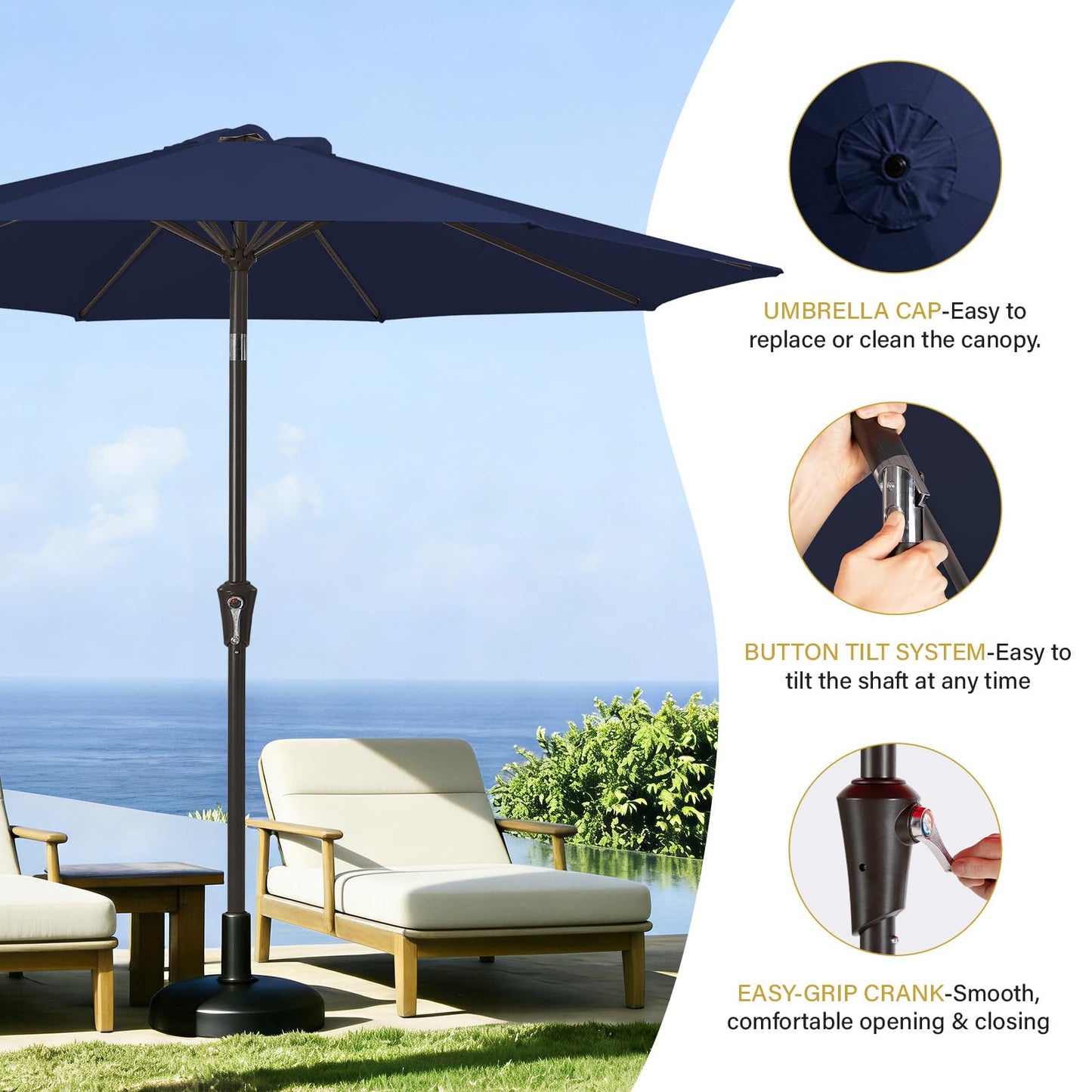MEWAY 9ft Patio Umbrella Outdoor Table Umbrellas with Push Button Tilt and Crank, Market Umbrella 8 Sturdy Ribs for Deck, Garden, Pool and Backyard, Navy