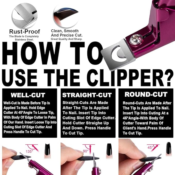 Elegant Violet Red Premium Adjustable Stainless Steel Artificial Acrylic Fake False Nail Tip Clipper Cutter Trimmer Manicure Pedicure Sharp Blade Clip Tool For Salon Home Nail Art Beauty Design DIY