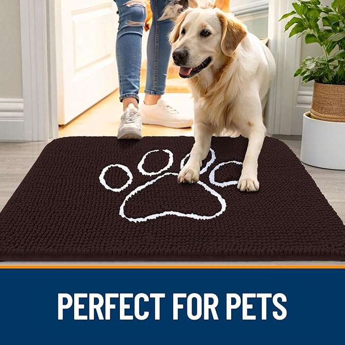 OLANLY Dog Door Mat for Muddy Paws 54x32, Paw Print Design, Absorbs Moisture and Dirt, Absorbent Non-Slip Washable Doormat, Quick Dry Chenille Mud Mat for Dogs, Entry Indoor Entryway Carpet, Brown
