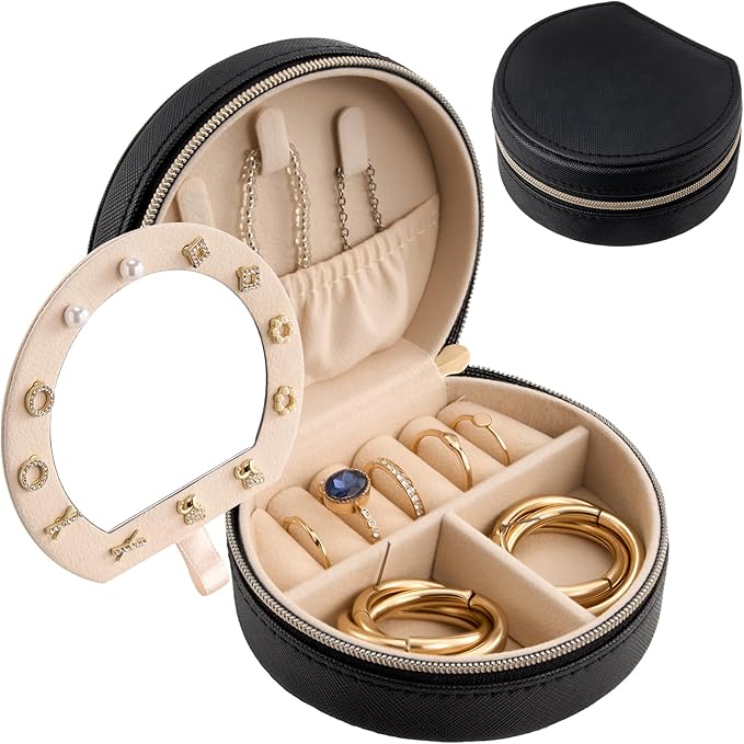 ProCase Travel Size Jewelry Box, Mini Portable Seashell-Shaped Jewelry Case with Mirror, 2 Layer Organizer in PU Leather for Women -Black