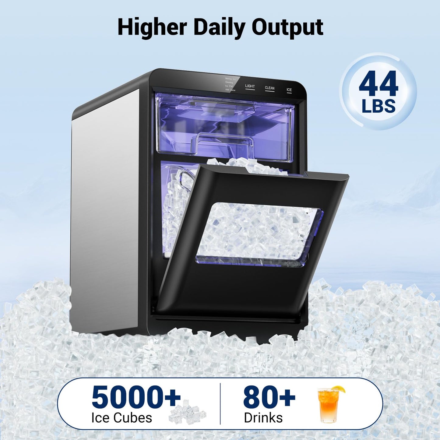 43lbs/24h Nugget Ice Maker Chewable Ice Ready in 5-10Mins, Self-Cleaning Stainless Steel Countertop Ice Maker for Home, Kitchen, Office, Party