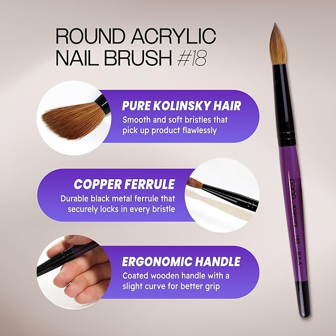 Pure Kolinsky Hair Acrylic Nail Brush - Round Shape Black Ferrule with Purple Wood Handle (Size 18)