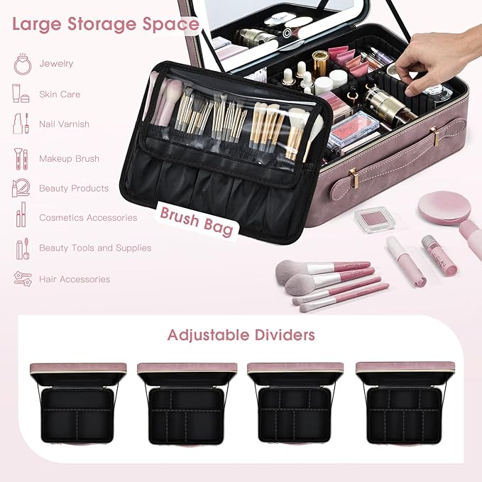 Faquenc Makeup Case with LED Lighted Mirror 11.4 Inch Travel Makeup Bag Adjustable Brightness in 3 Colors Cosmetic Organizer Artist Storage Bag with Dividers Brush Holder Bag Vanity Purple