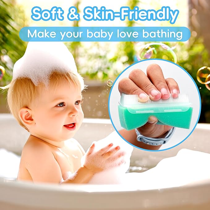 Cradle Cap Brush for Babies, Baby Bath Essentials with Silicone Scrubber Bath Sponge Dual-Sided Comb for Newborns Toddlers Boys Girls (Green, Set of 5)