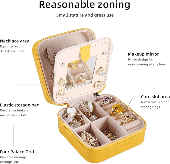 KElofoN Travel jewelry case Travel jewelry box Travel Jewelry Organizer Small Jewelry Organizer Box Gift for Girls Women with Mirror (Yellow)