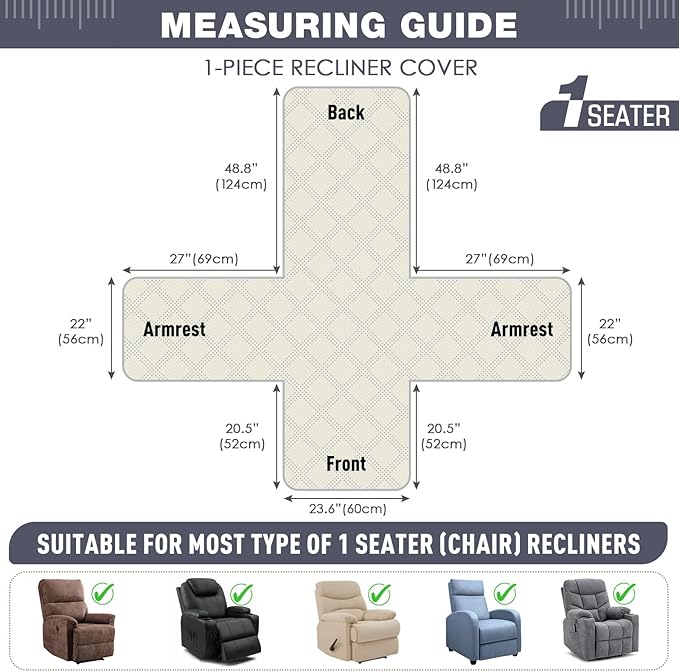 TAOCOCO 100% Waterproof Recliner Chair Cover, Recliner Covers for Recliner Chair with Pocket, Non Slip Reclining Chair Cover Furniture Protector for Kids, Pets(23.6'', Dark Grey-Velvet)