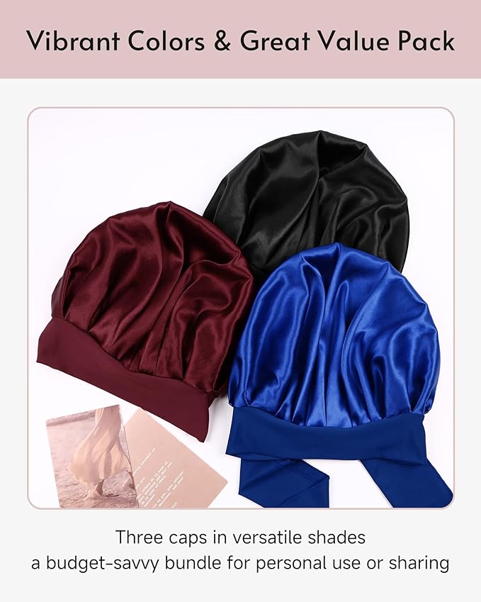 Yanideer 3 pcs Adjustable Satin Bonnets for Sleeping Double Layer Satin Lined Hair Bonnet with Tie Band for Women Curly Hair