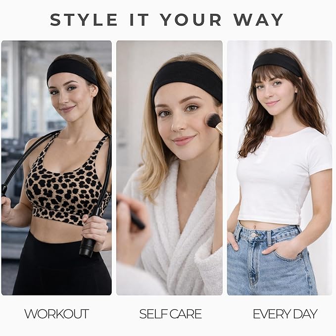 Styla Hair Headbands for Women Stretch Fashion Head Bands 10 Pack Non-Slip Head Wraps Great for Spa, Sports, Yoga, Pilates, Running, Gym Headband, Workouts (Black Grey)