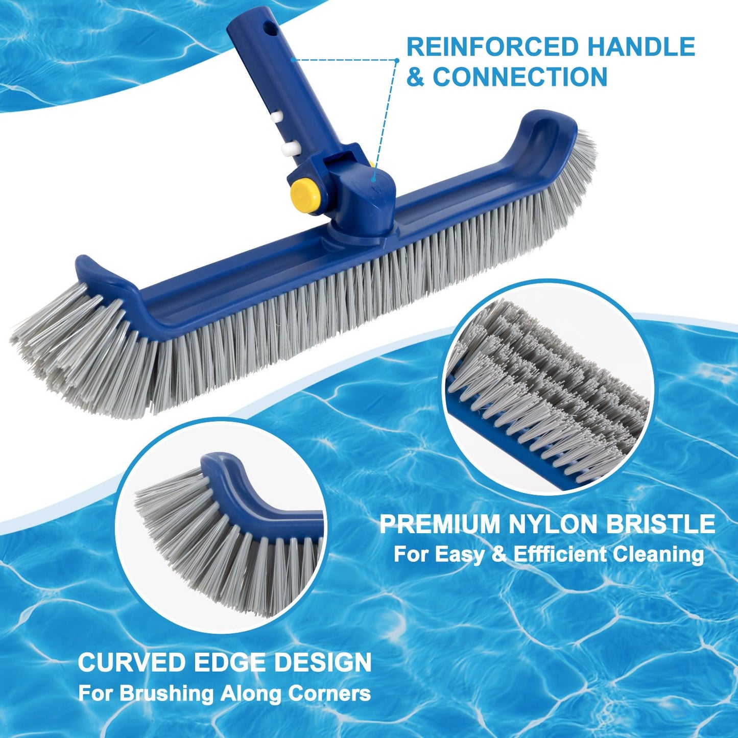 POOLAZA Pool Brush with Rotatable Handle,17.5" Pool Brush Head for Inground Pools, Above-Ground & Vinyl Pools, Heavy-Duty Pool Brushes for Cleaning Pool Walls