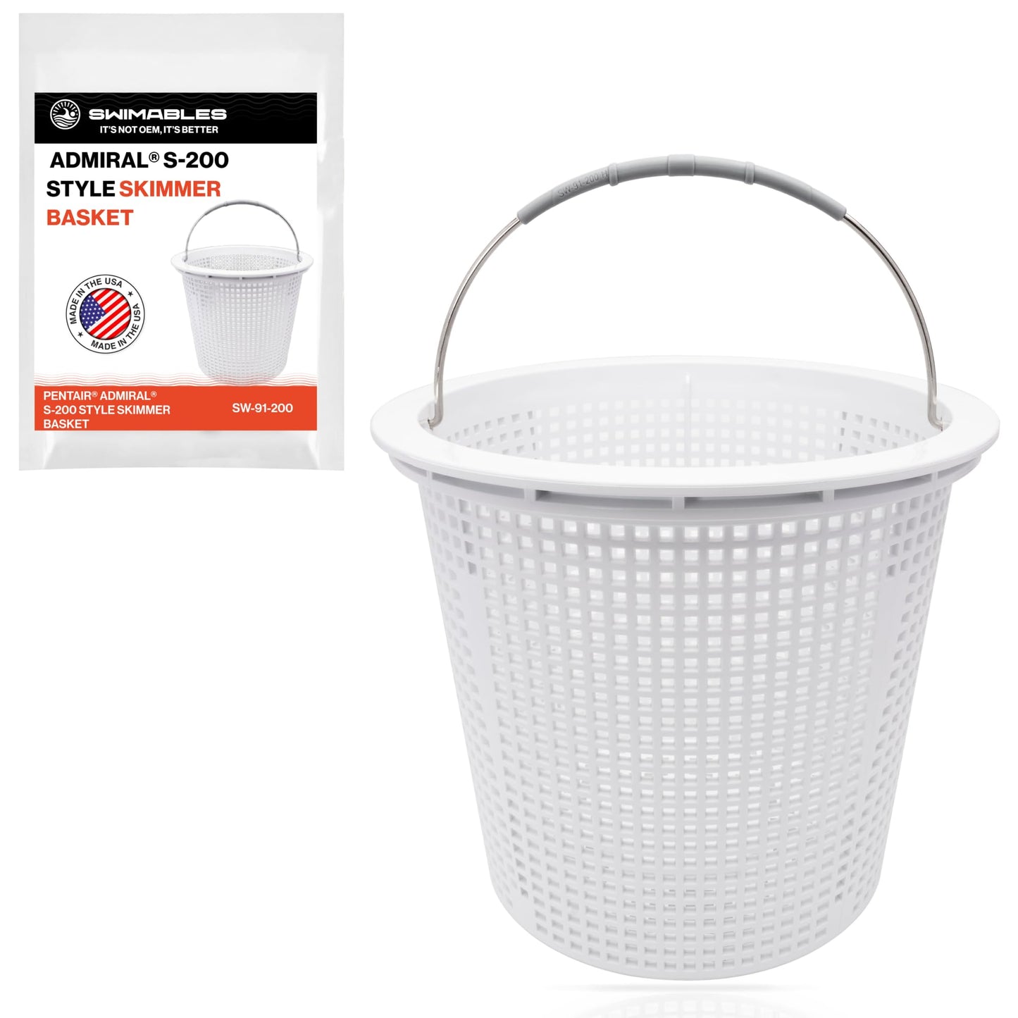 Swimables 8 Inch Skimmer Basket Compatible with Pentair Skimmer Basket 85014500 and S200 Pentair Pool Skimmer Basket | Built-in Brass Weight | 316 Stainless Steel Handle & Convenient Rubber Grip