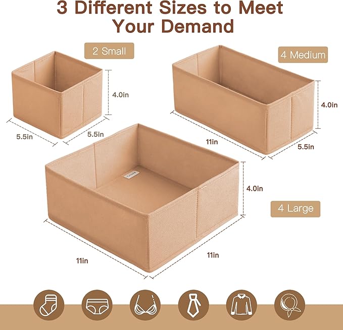 Criusia Drawer Organizer Clothes, 10 Pack Dresser Organizer for Baby Clothes, Underwear, Sock- Foldable Closet Organization and Storage Dividers Bins for Nursery, Bedroom (Brown)