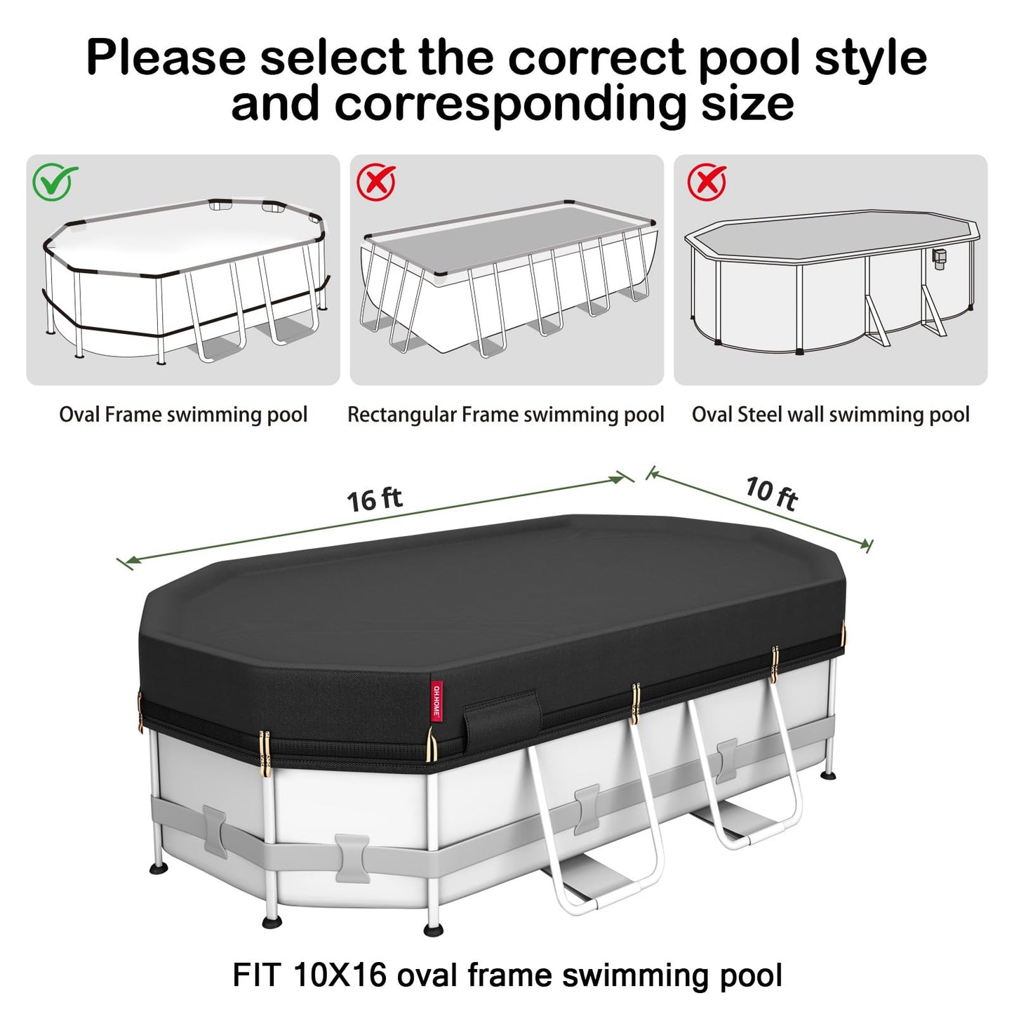 QH.HOME 10x16Ft Oval Pool Cover,Super Windproof Ratchet Straps (1,500lb Break Strength)-Effective Installation/Removal,Pool Cover for Above Ground Pools,Snug Fit,Blocks Leaves, Sun & Water
