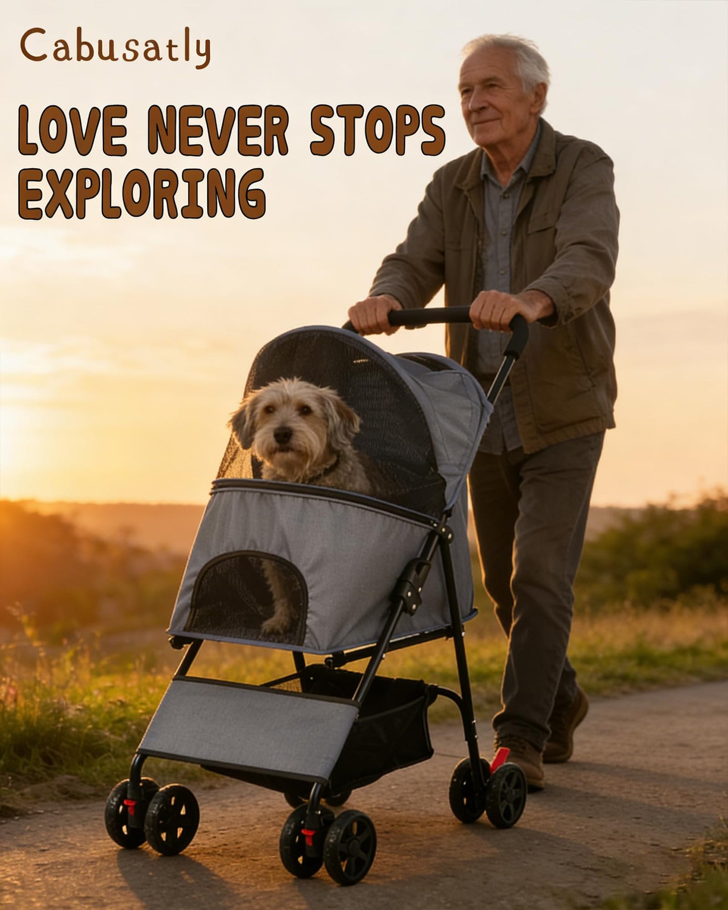 Pet Stroller for Small Medium Dogs Cats - Lightweight 10lbs Foldable Dog Stroller, Breathable Mesh & Safety Tether, 33lbs Capacity with Locking Wheels, Storage Basket for Outdoor Walks-Gray