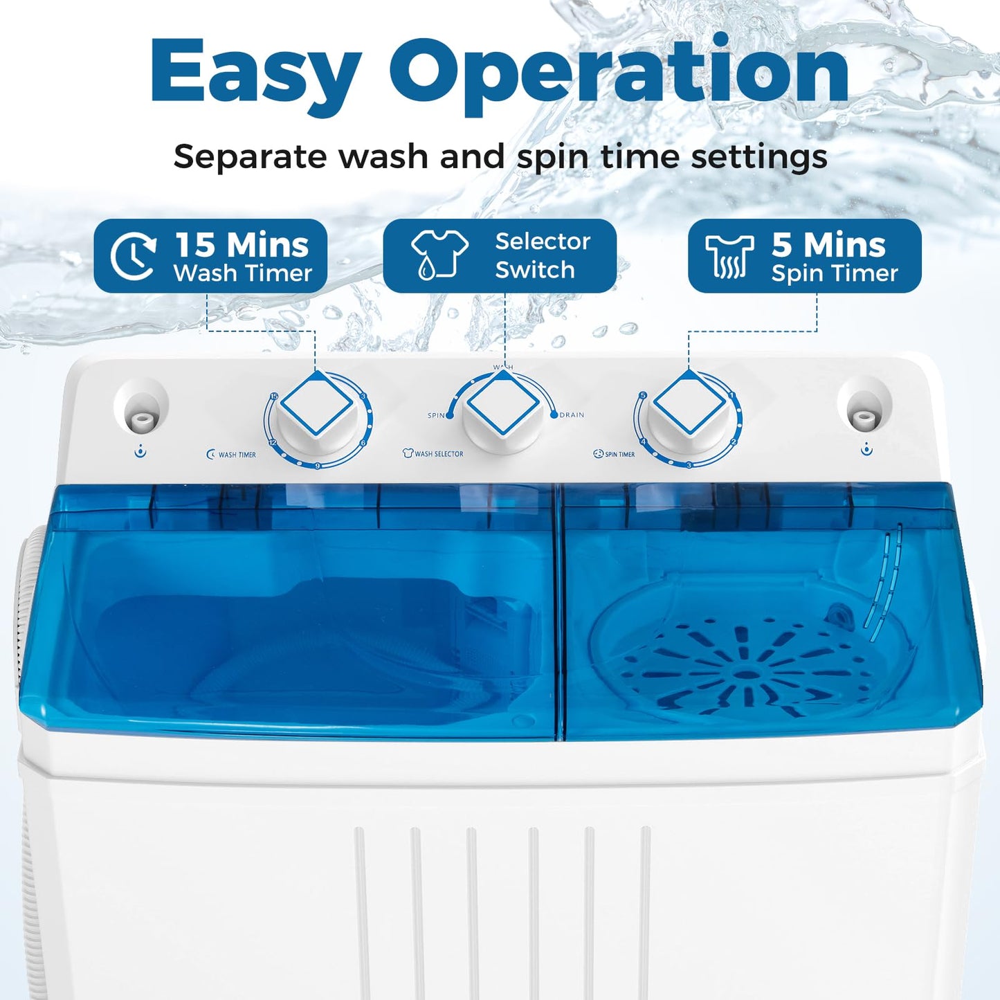 COSTWAY Portable Washing Machine, Twin Tub 20 Lbs Capacity with Drain Pump, Laundry Washer 12 Lbs and Spinner 8 Lbs with Timer Control, Perfect for Apartment Dorm RV, Blue+White