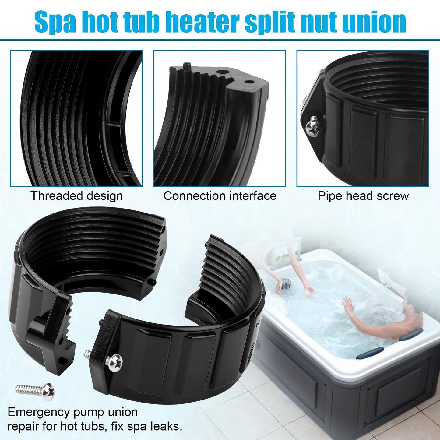 UASAM 2" Spa Hot Tub Heater Split Nut Unions with Screws & Heater Gasket, Split Nut for Hot Tub and Spa Replacement Part, Suitable for 2-inch Heater Assemblies - 2 Pack