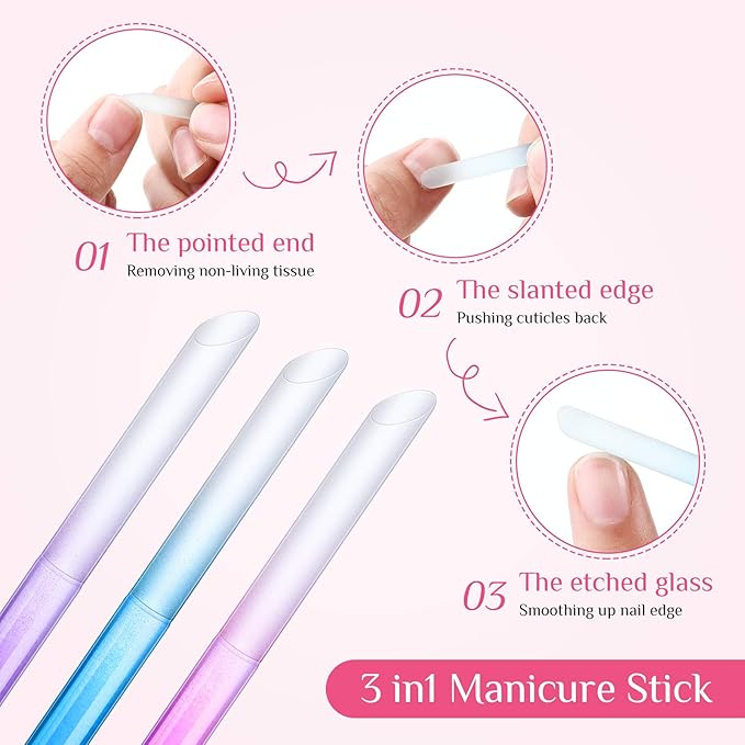 Maitys 6 Pieces Glass Cuticle Pusher Glass Cuticle Stick Set Double Sided Crystal Nail Files Precision Manicure Pedicure Pusher Tools(Pink, Blue, Purple)