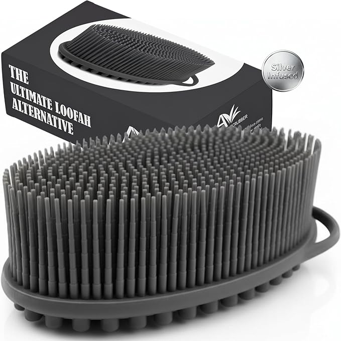 Avilana Silver Edition Body Scrubber - Silver-Ion Infused Silicone Shower Brush, ISO Tested Dual Sided, Stays Fresher Longer, SGS Certified Gentle Exfoliating Loofah Alternative Sensitive Skin Women