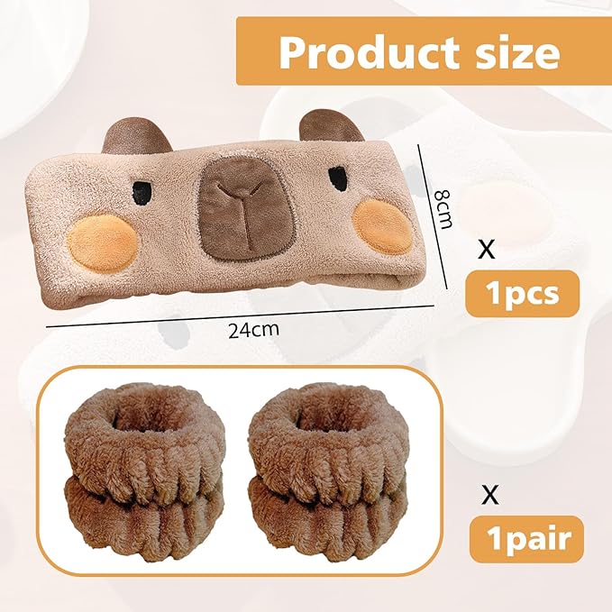 3PCS Spa Headband Capybara Headband with Face Wash Wristband Set, for Washing Face Absorbent Spa Wristbands Wrist Scrunchies Face Washing Wristbands