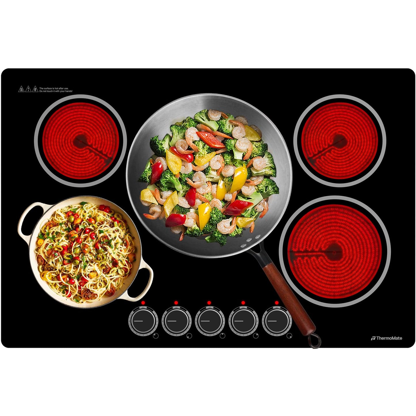 ThermoMate 30 Inch Electric Cooktop, 5 Burners Knob Control Built-in Ceramic Cooktop, 30" Radiant Electric Stove Top of 9000W with 9 Heat Levels, Hot Surface Indicator, 220-240v, Hard Wired