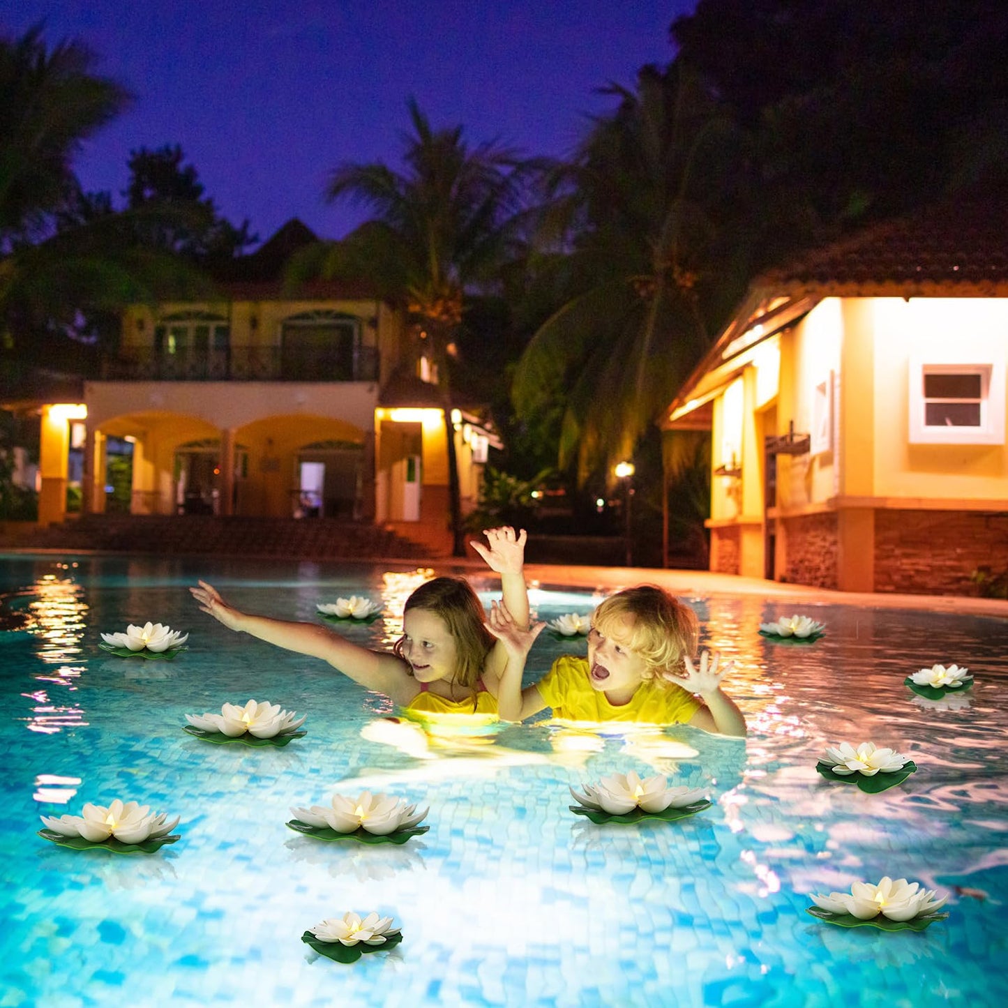 LACGO 12 PCS Waterproof Floating Lotus Light - 6'' Floating Flower Light Battery Operated Water Activated Warm White Pool Flower Lamp Wedding Anniversary Garden Decoration(6 Inch, White)