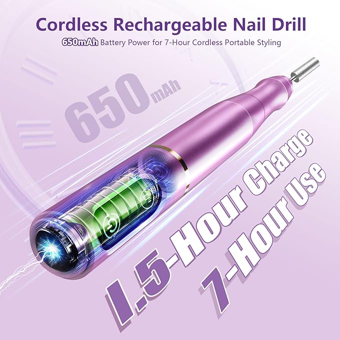 Cordless Nail Drill Electric Nail File Kit, Rechargeable Efile Set, Portable Acrylic Gel Nail Polish Remover Machine, Pedicure Manicure Tool, 11 Bits, 56 Sanding Bands, Salon Home, Purple