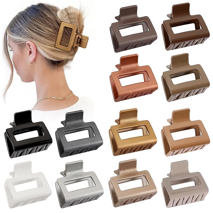 2 Inch Medium Hair Claw Clips 12 Pcs Square Hair Claw Clips for Thin Hair Matte Nonslip Acrylic Banana Jaw Clips Bulk Hair Accessories for women and Girls (Gold)