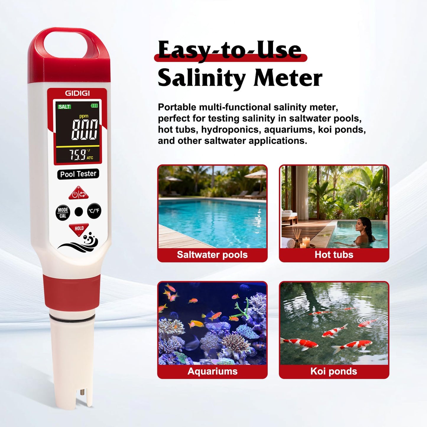GIDIGI Digital Chlorine Tester Pool Salinity Meter, 7-in-1 pH Meter Test FAC pH Salt ORP TDS EC,Hot Tub Chlorine Meter with Backlit Display Screen for Drinking Water Quality Chlorine Level,Pool Tester