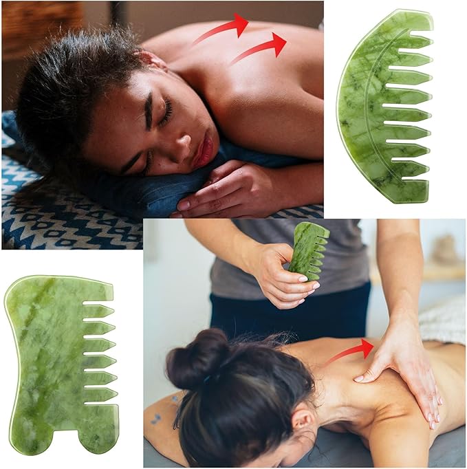 BBTO 2 Pcs Jade Comb for Scalp Massage Gua sha Comb for Head Body spa Hair Multifunctional Handheld Massage Tools(Round, Classic Style)