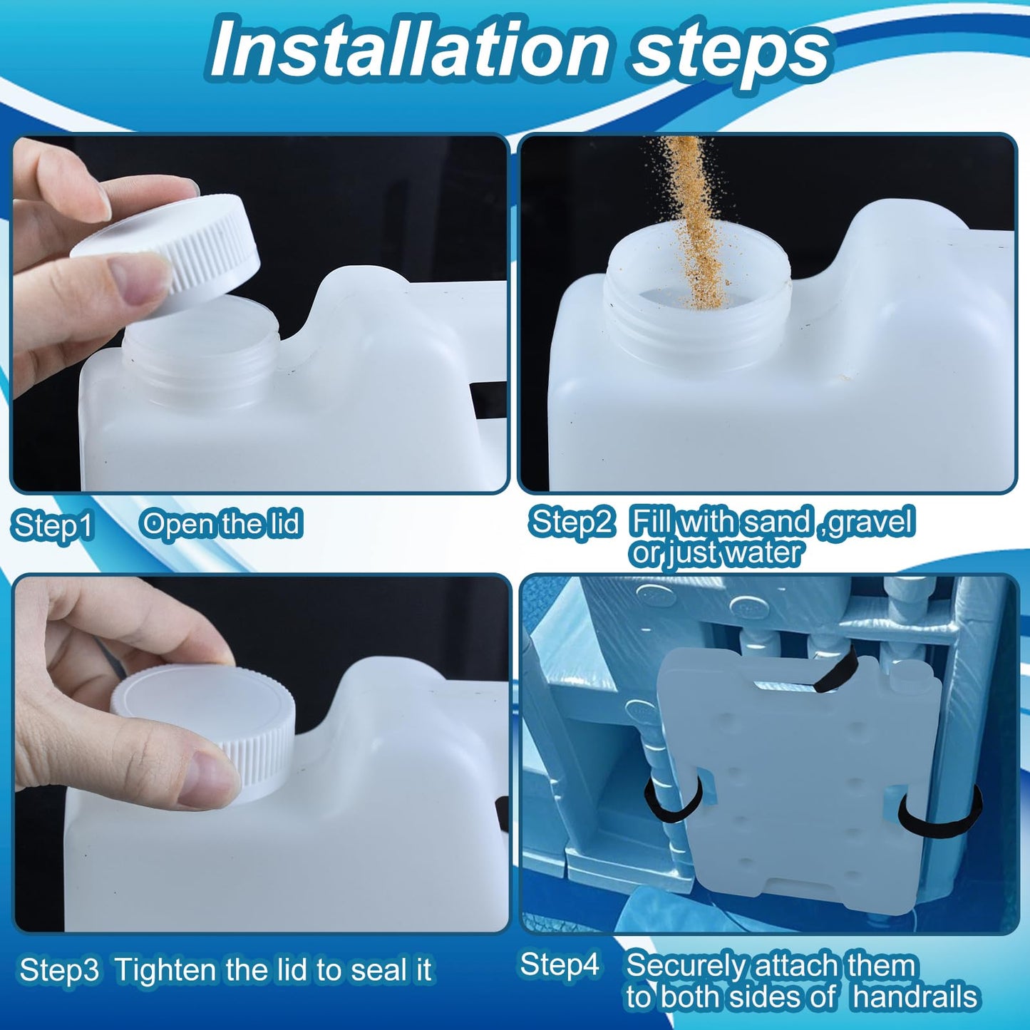 2 Pack Swimming Pool Ladder Weights for Above Ground Pools, Plastic Pool Step Weights Removable Stair Weights Anchor Container Sand Bag with 8 Hook and Loop Straps Hold 52lbs for Easy Step System