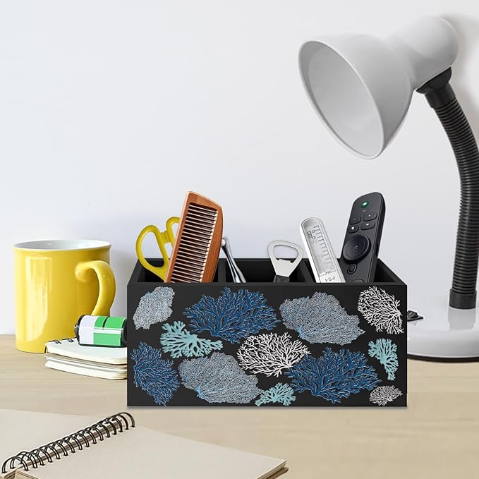 Coastal Beach Coral Pen Pencil Holder for Desk, Beach Office Decor, Ocean Nautical Blue Coral Wooden Box Decorative Sign for Home Office Desk Tabletop Decor