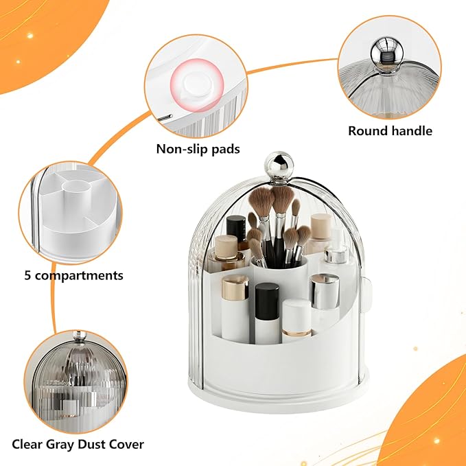 Makeup Brush Holder with Lid, 360ÃÂ° Rotating Cosmetic Organizer for Vanity, Covered Beauty Brushes Holder for Bathroom, Skincare Storage for Corner Countertop