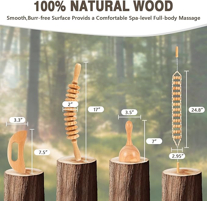 Wood Therapy Massage Tools 4-in-1, Wooden Lymphatic Drainage Massager Body Cellulite Remover, Professional Maderoterapia Kit Cellulite Massager for Body Sculpting,Contouring,Relief Muscle