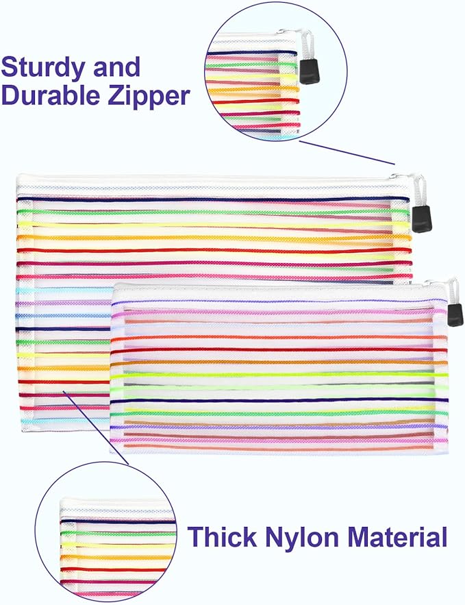 Mesh Bags with Zipper (6 Pack), Nylon Makeup Bag Cosmetic Pouches Travel Organizer Case for Purse Diaper Bag Home Organizing Striped Multi Size White
