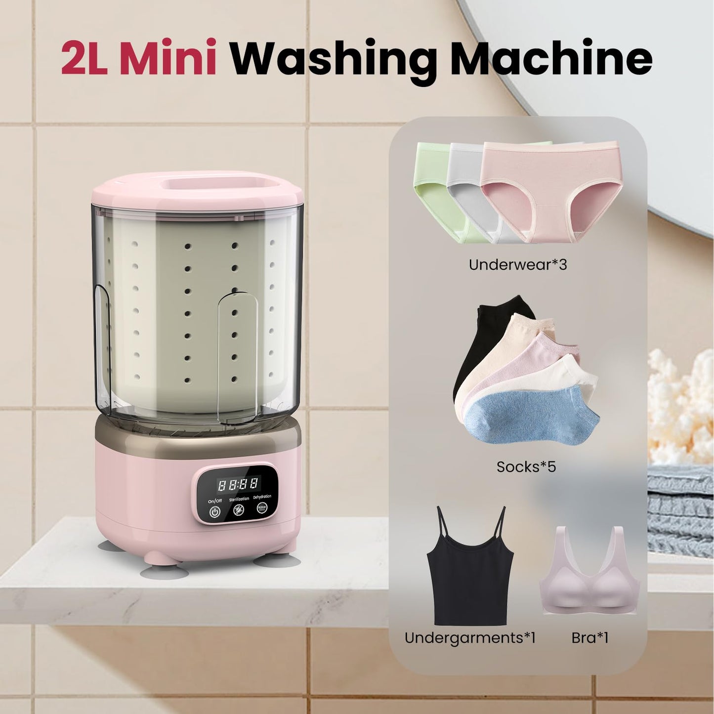 Pink Mini Underwear Washing Machine, All-in-1 Women's Day Rechargeable Portable Mini Washer Machine with 2L Cup Capacity for Bra Underwear Socks Home Hotel Apartment RV Travel.
