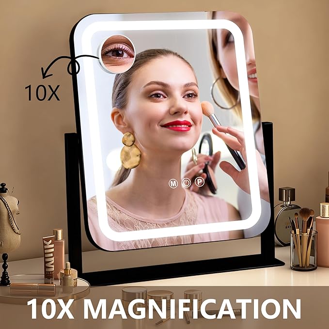 Black Vanity Mirror with Lights 15"×13", Led Makeup Mirror, Lighted Makeup Mirror with 3 Color Dimmable Lights, Smart Touch Screen Control, 360°Rotation