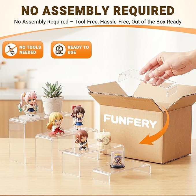 FUNFERY Acrylic Display Risers, 2 Set(7.8" L~8.2" L~8.6" L~9Ã¢ÂÂL) Display Shelf for Figure, Collectibles, Cupcake, Clear Acrylic Stands for Dessert, Jewelry, Candy Showcase, 4 Tier Action Figure Stand