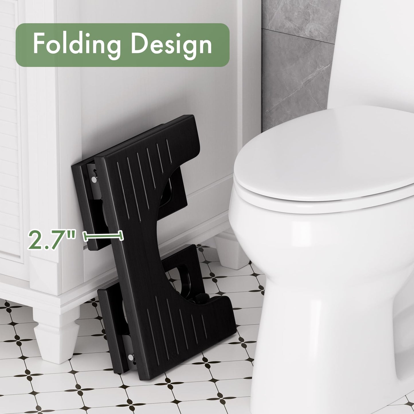 Bathway Squatting Potty Stool, Foldable Toilet Stool Squat for Adult, Bamboo Poop Stool, Foot Step Stools, Anti-Slip Pooping Stools for Bathroom, Black, 7''