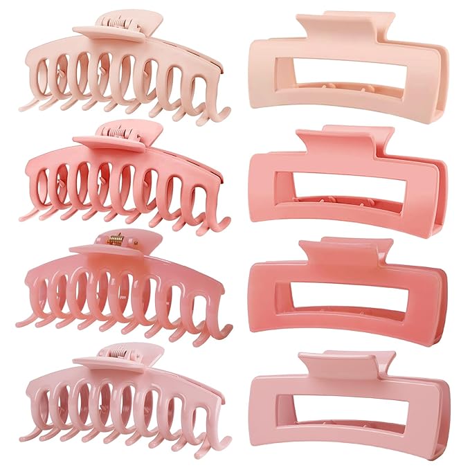 TOCESS Hair Claw Clips for Women Long Thin Hair, 8 Pack 4.33 Inch Big Matte Bright Jelly Pink Square Claw Clip Set, Non-Slip Strong Hold Lightweight Hair Clamps Solve Hair Falling Problem