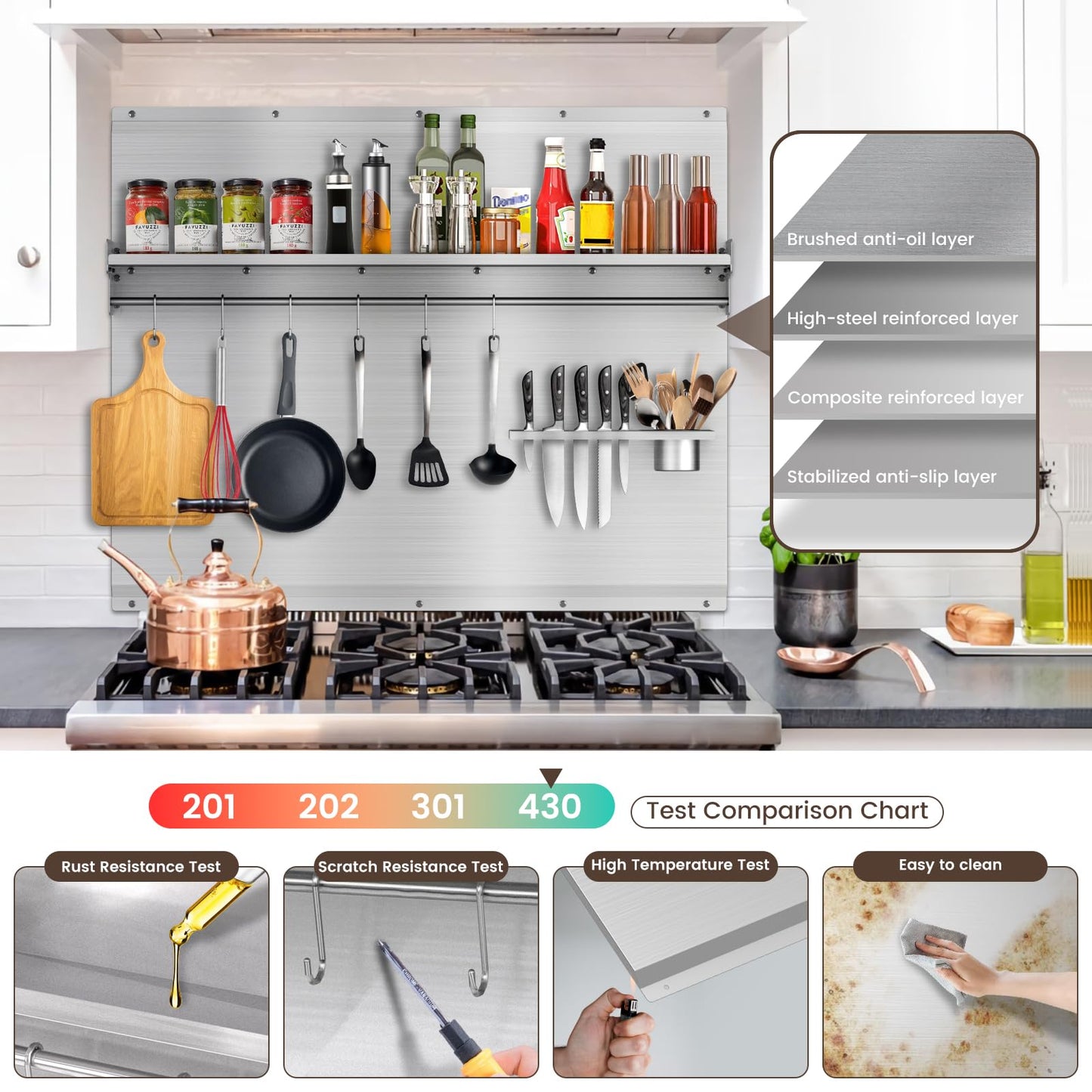 VENFAN 30x24 Inch Stainless Steel Stove Backsplash with Shelf, 6 Hooks & Knife Stand - Rust-Proof Kitchen Wall Protector Stainless Steel - Easy No-Drill Installation