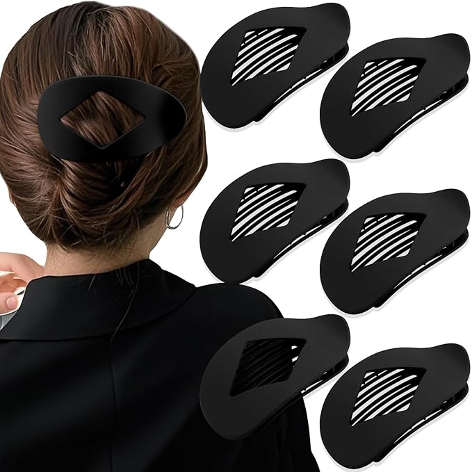 Large Flat Round Hair Clips Oval Claw Clips for Thick Medium Thin Hair 6Pcs Non Slip Strong Hold Barrettes Duckbill Accessories for Women Girls Matte Black Color